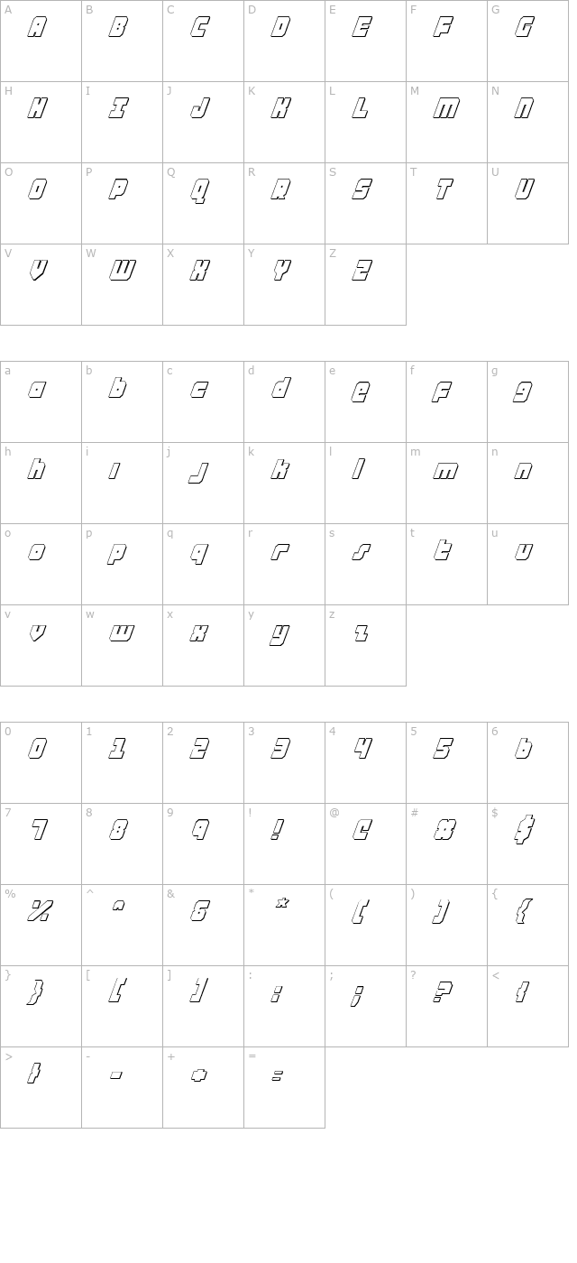 Alpha Taurus 3D Italic character map