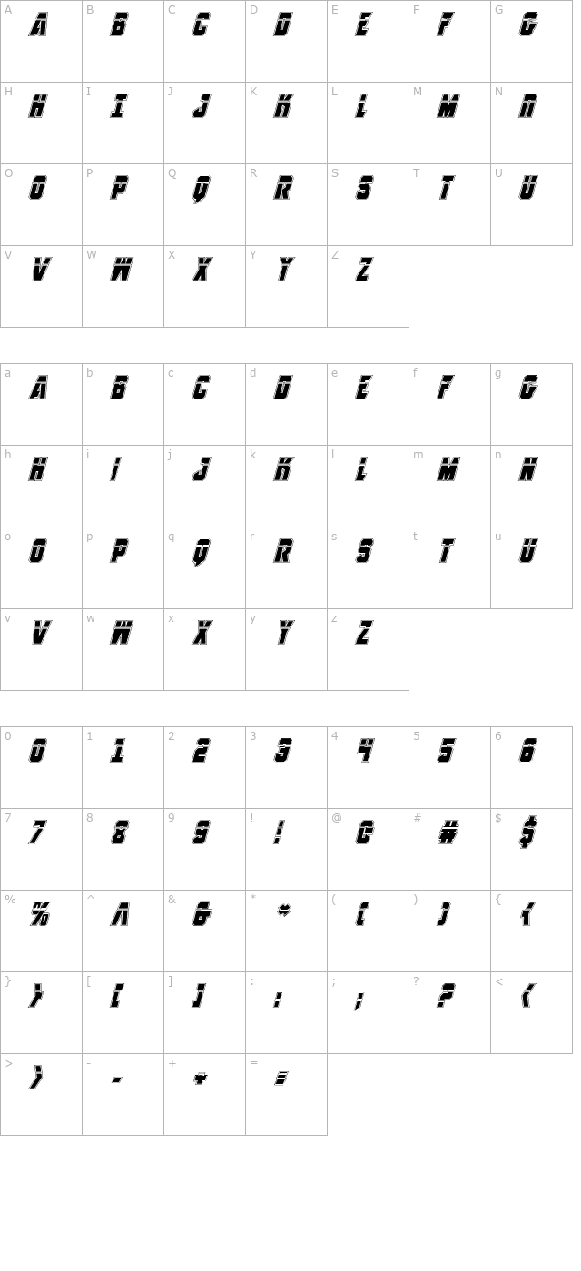 Antilles Laser Academy Italic character map