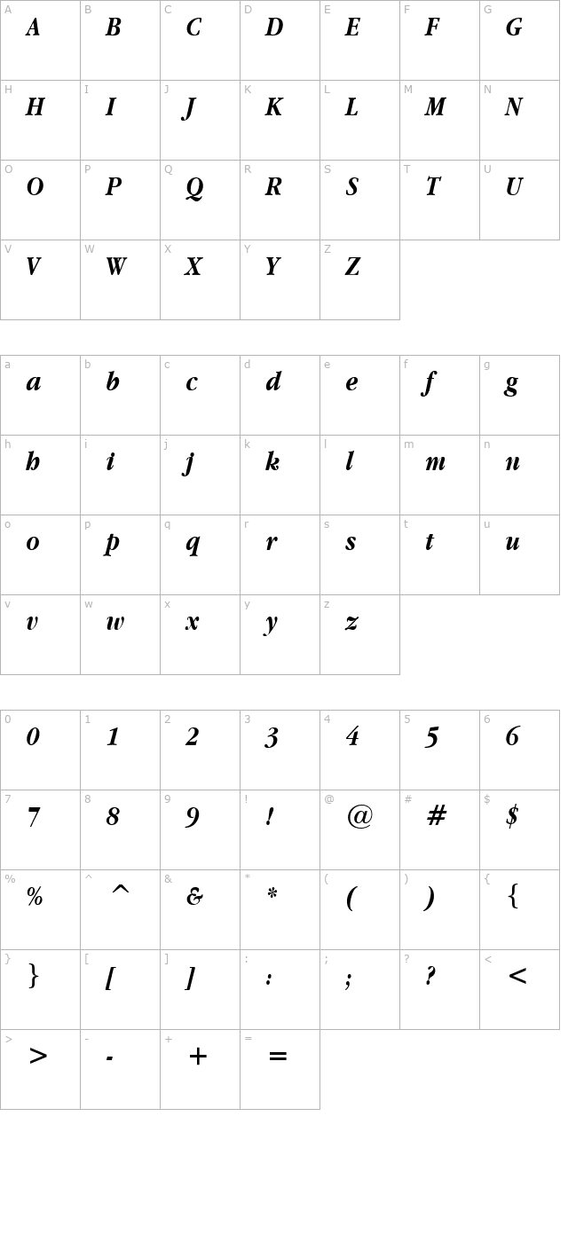 AppleGaramond BoldItalic character map