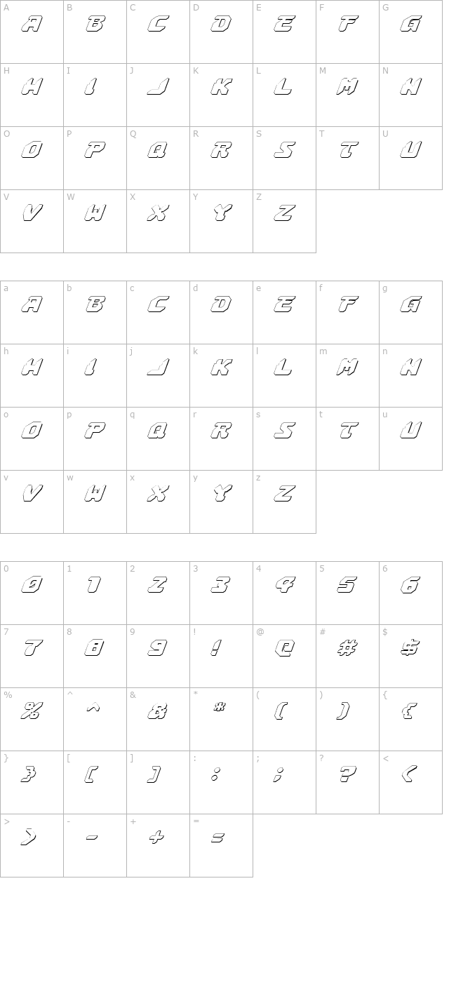 Astropolis 3D Italic character map