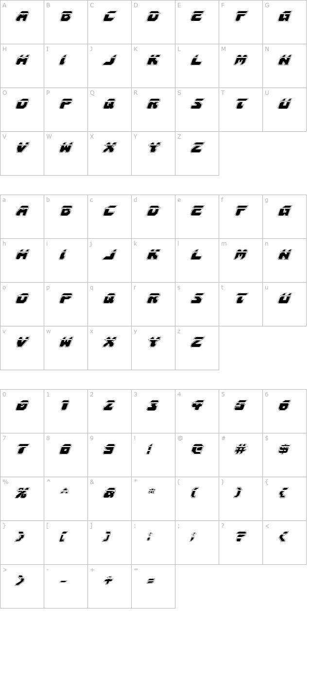 Astropolis Laser Academy Italic character map