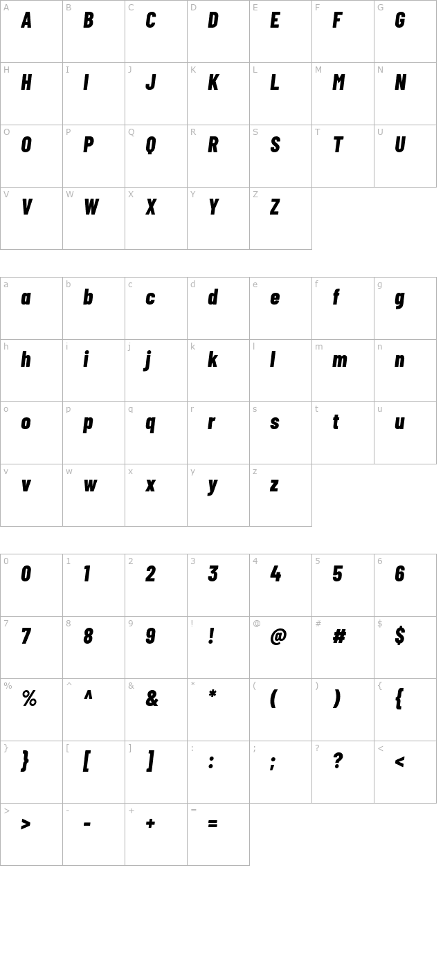 Barlow Condensed ExtraBold Italic character map