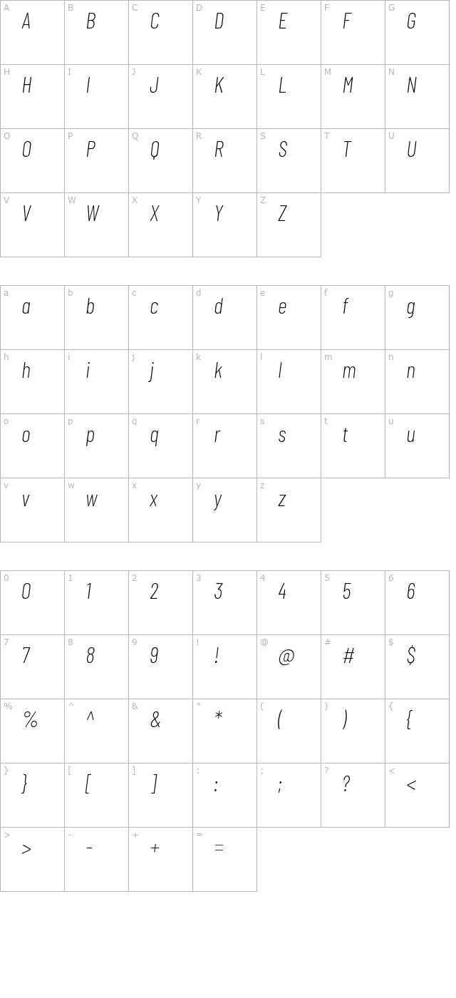 Barlow Condensed ExtraLight Italic character map