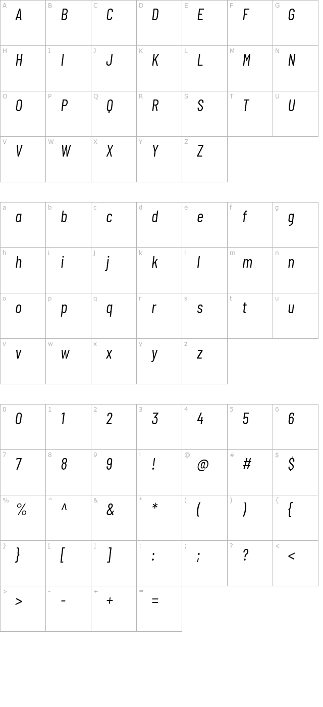 barlow-condensed-italic character map