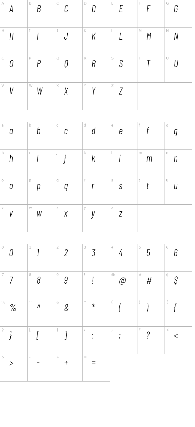 Barlow Condensed Light Italic character map