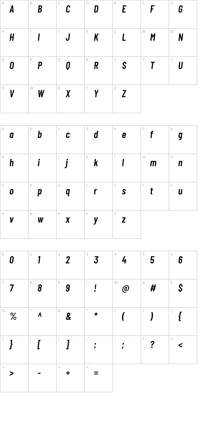 Barlow Condensed SemiBold Italic character map