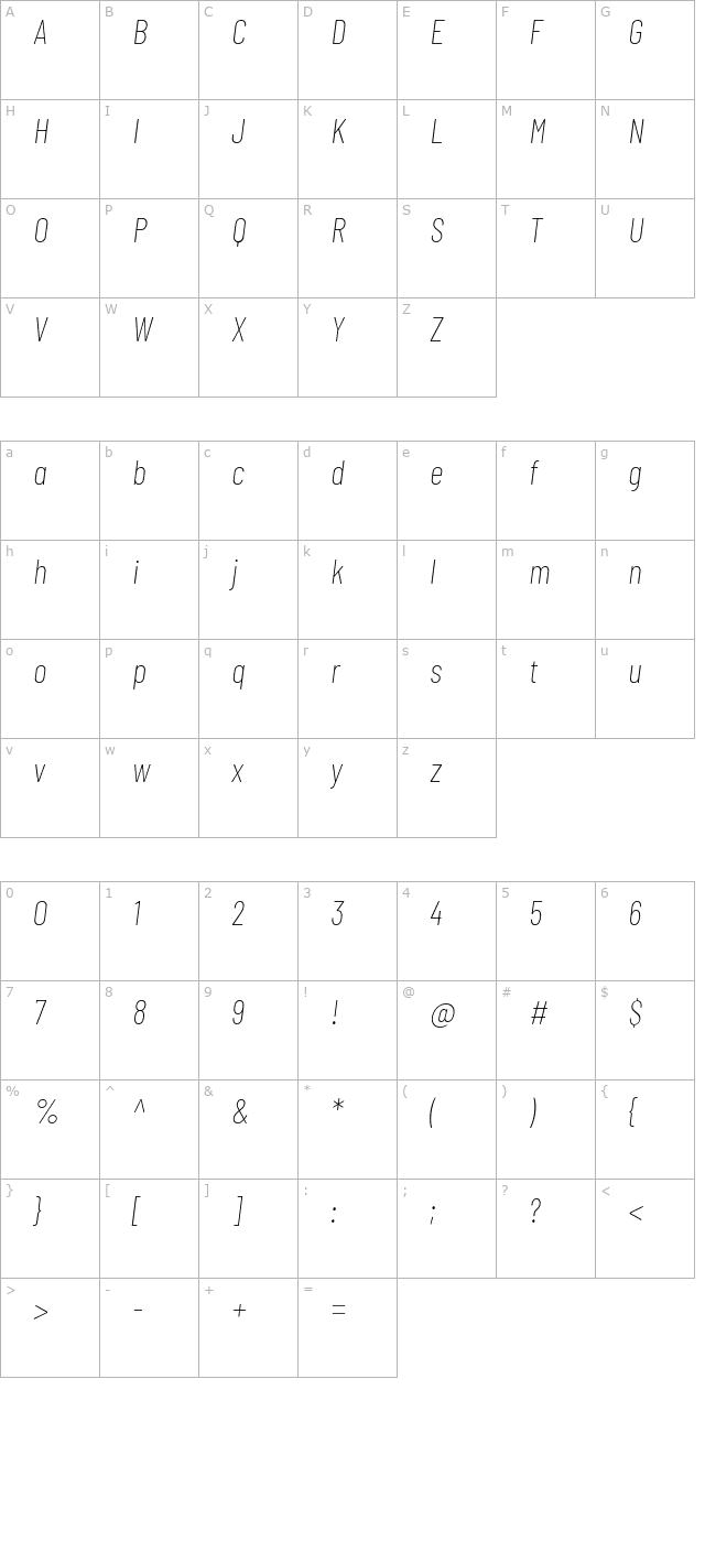 barlow-condensed-thin-italic character map