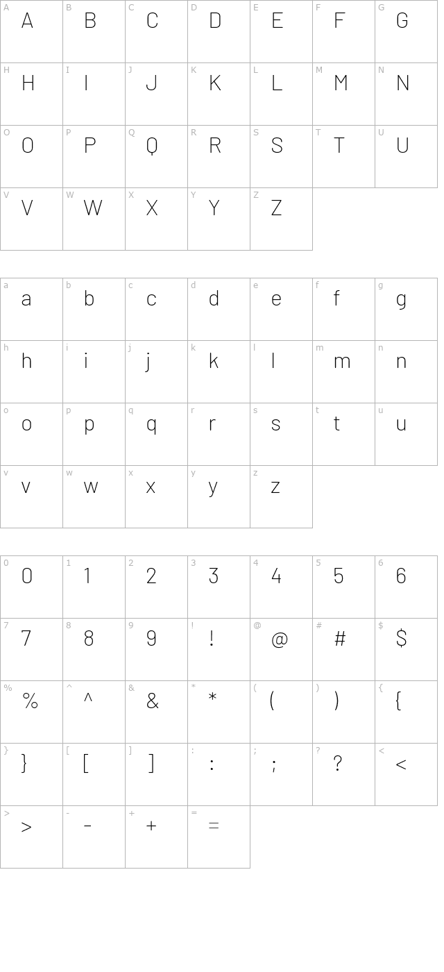 barlow-extralight character map