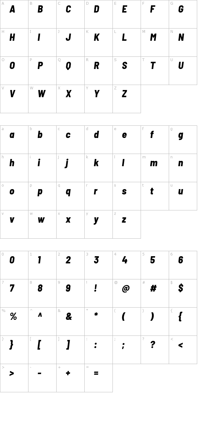 Barlow Semi Condensed ExtraBold Italic character map