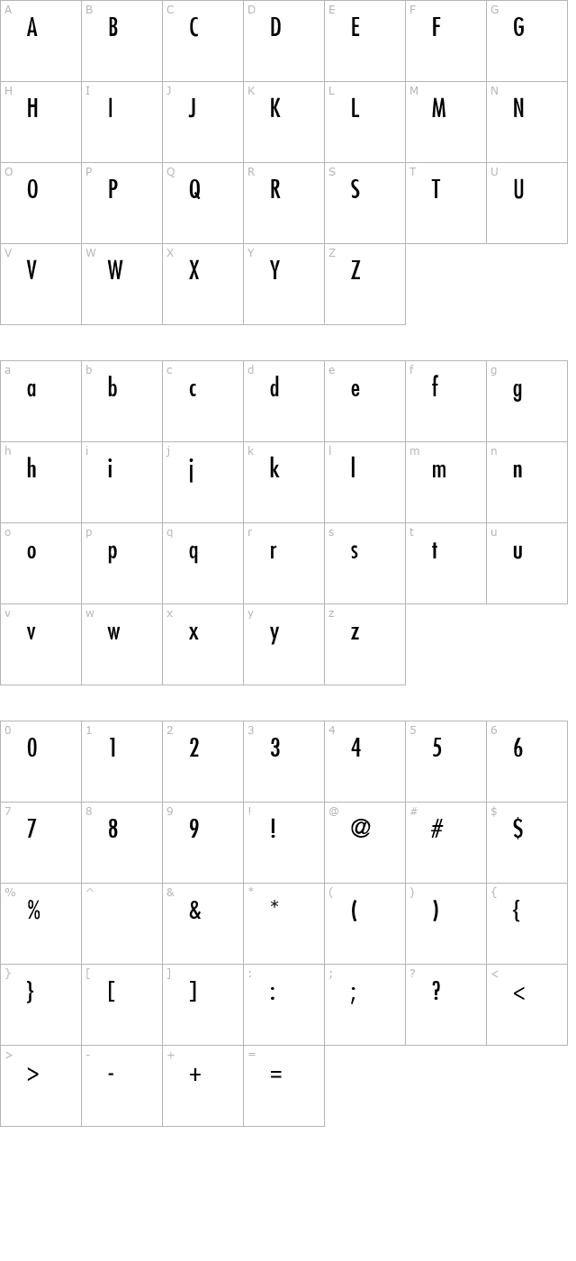 belmar-condensed-thin character map