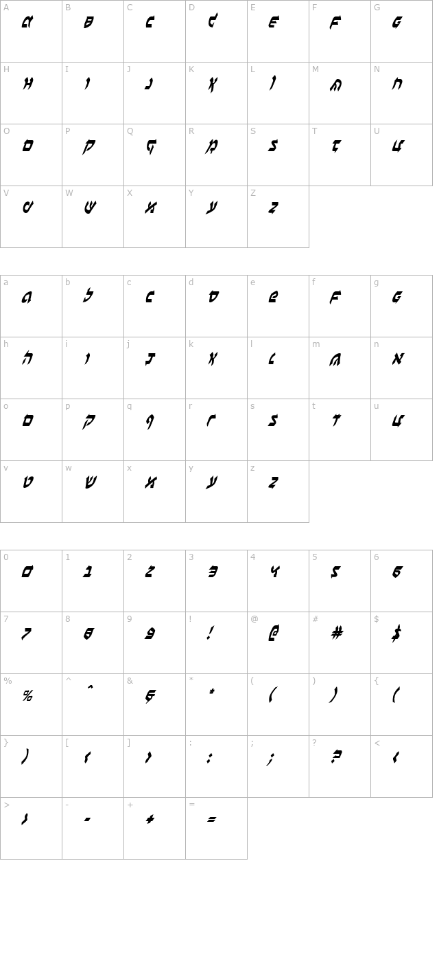 Ben-Zion Condensed Italic character map