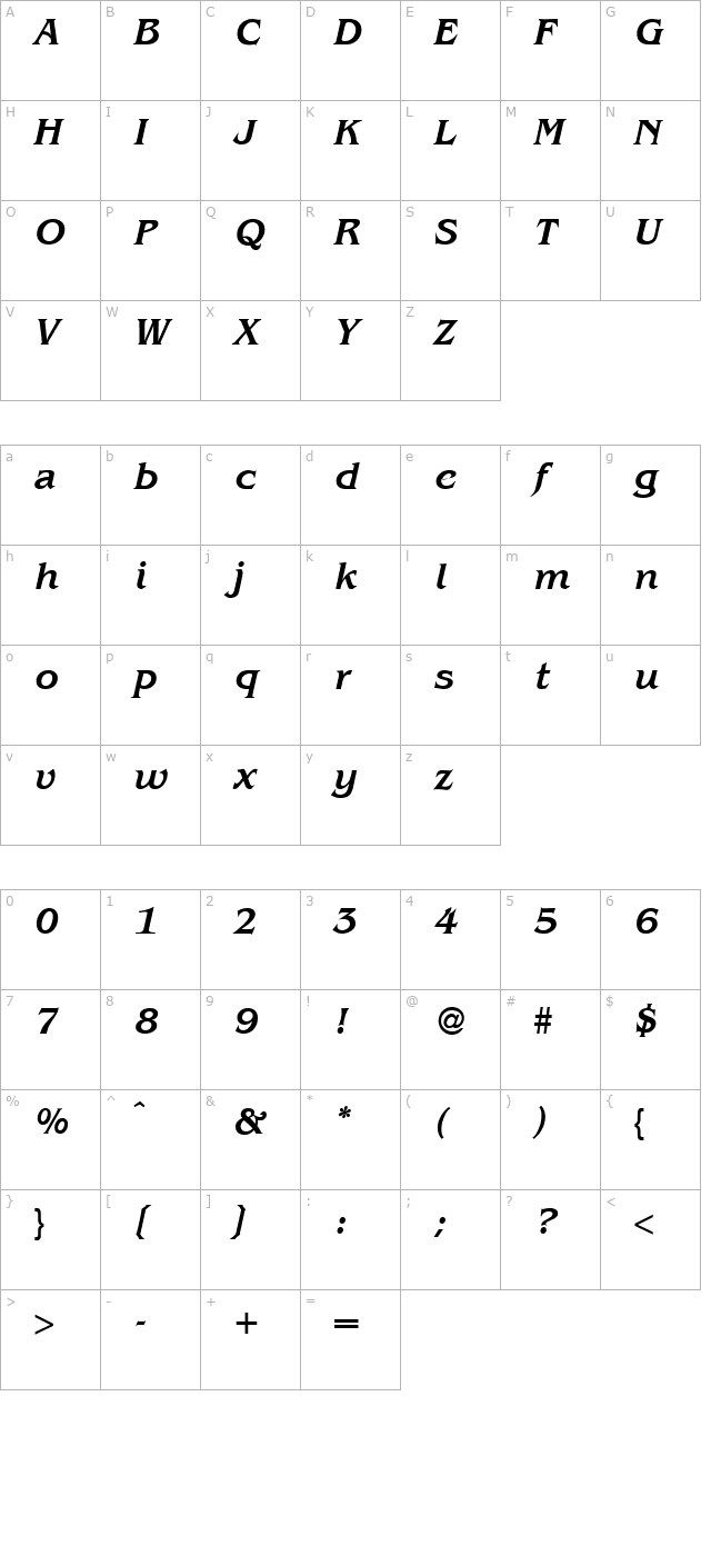 benjaminserifmedium-regularitalic character map