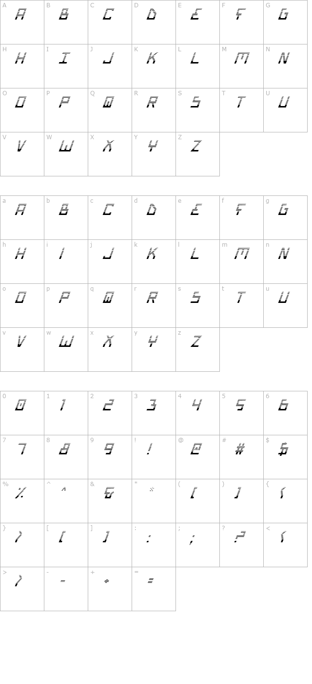 Bionic Type Gradient Italic character map