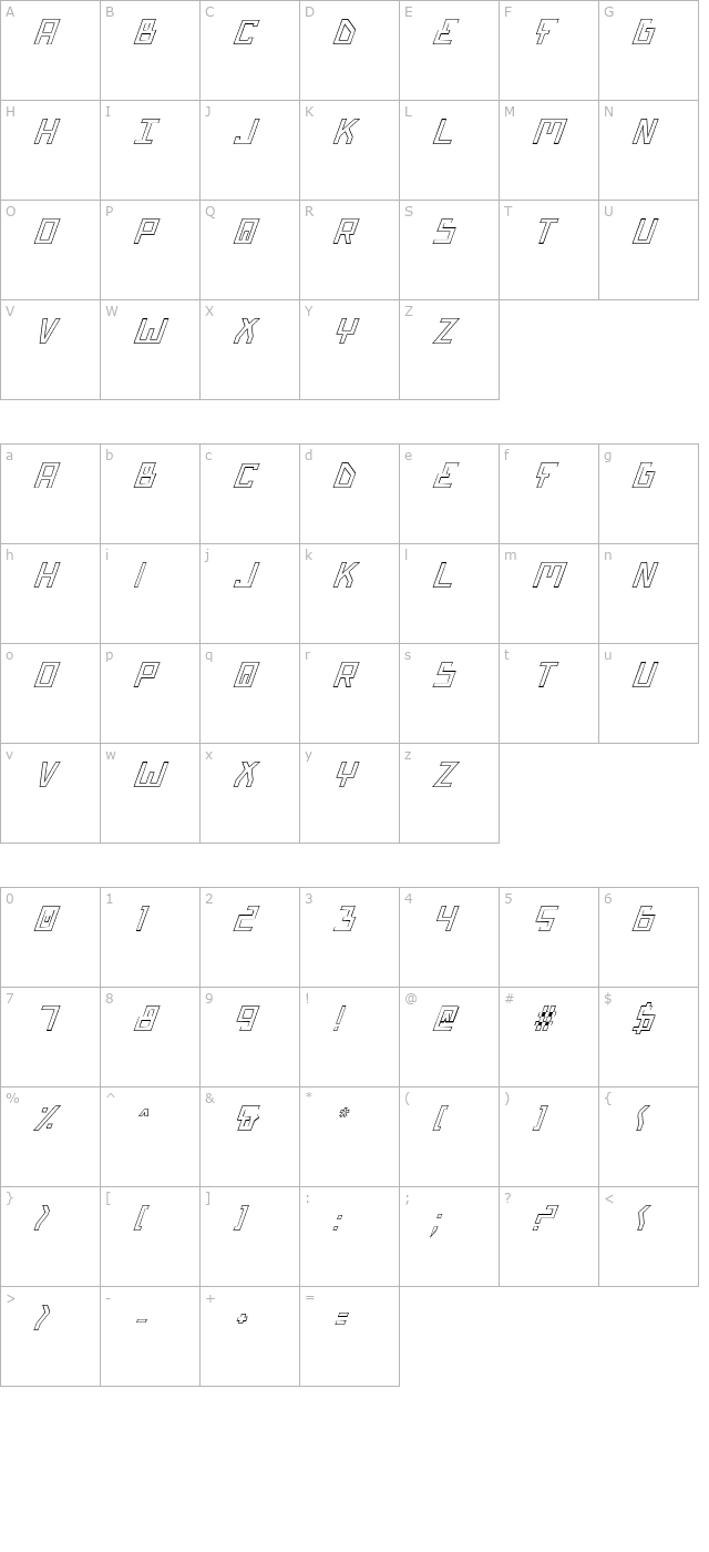 Bionic Type Outline Italic character map