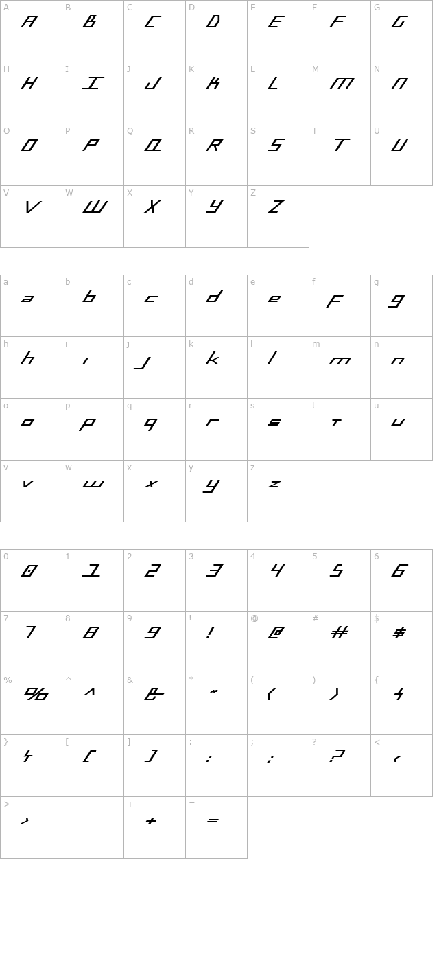 Blue July Bold Expanded character map