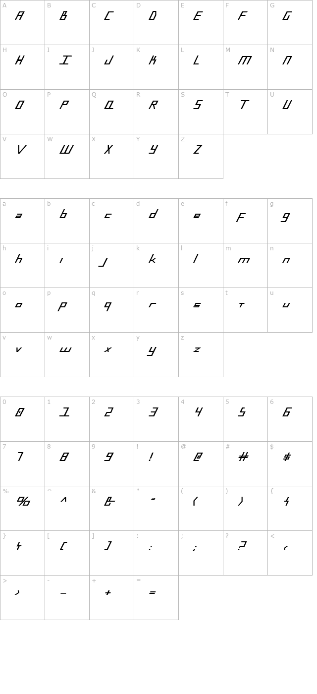 Blue July Bold character map