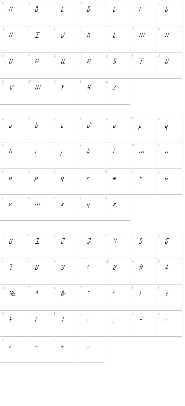 Blue July Condensed character map