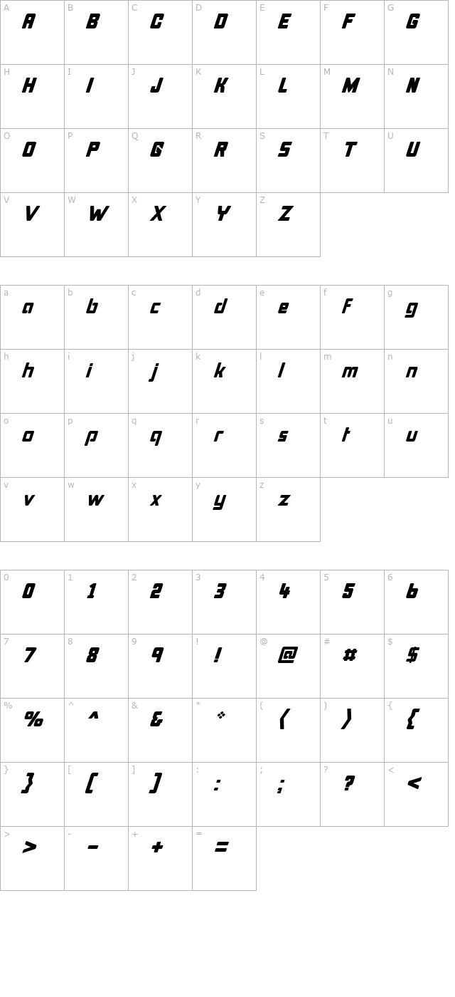 Bonk Italic character map