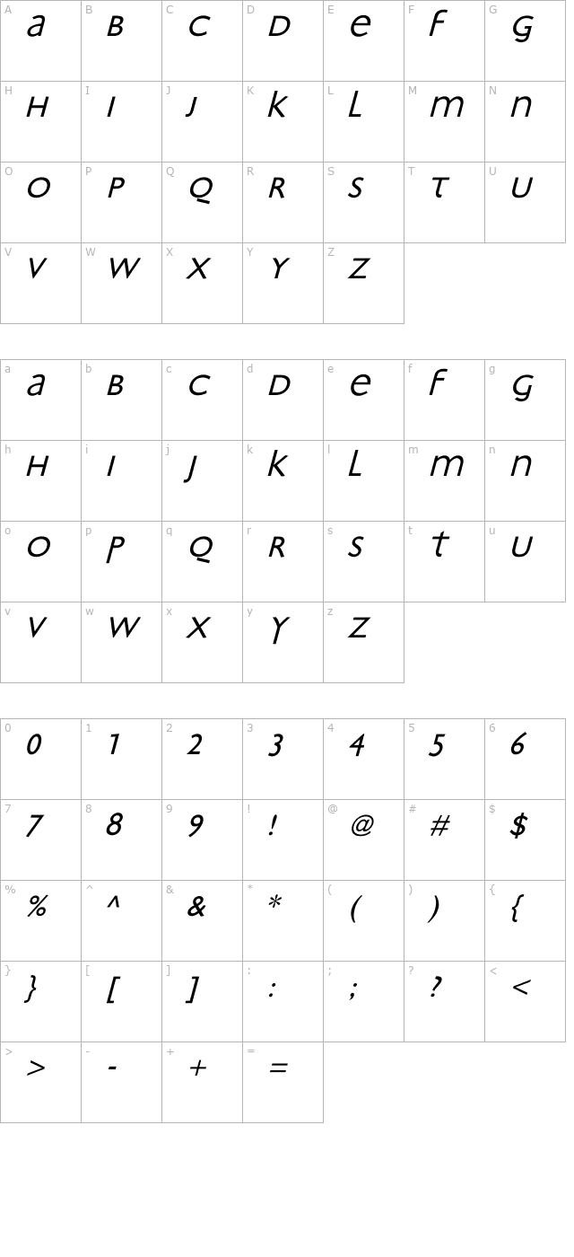 Bradbury Oblique character map