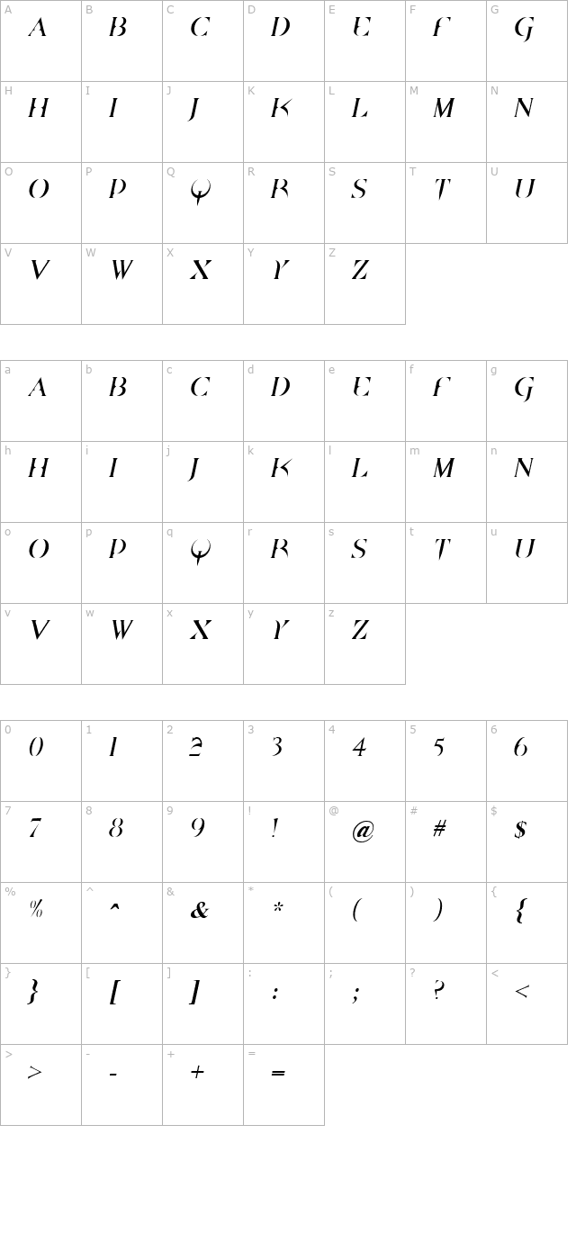 brazelton-italic character map