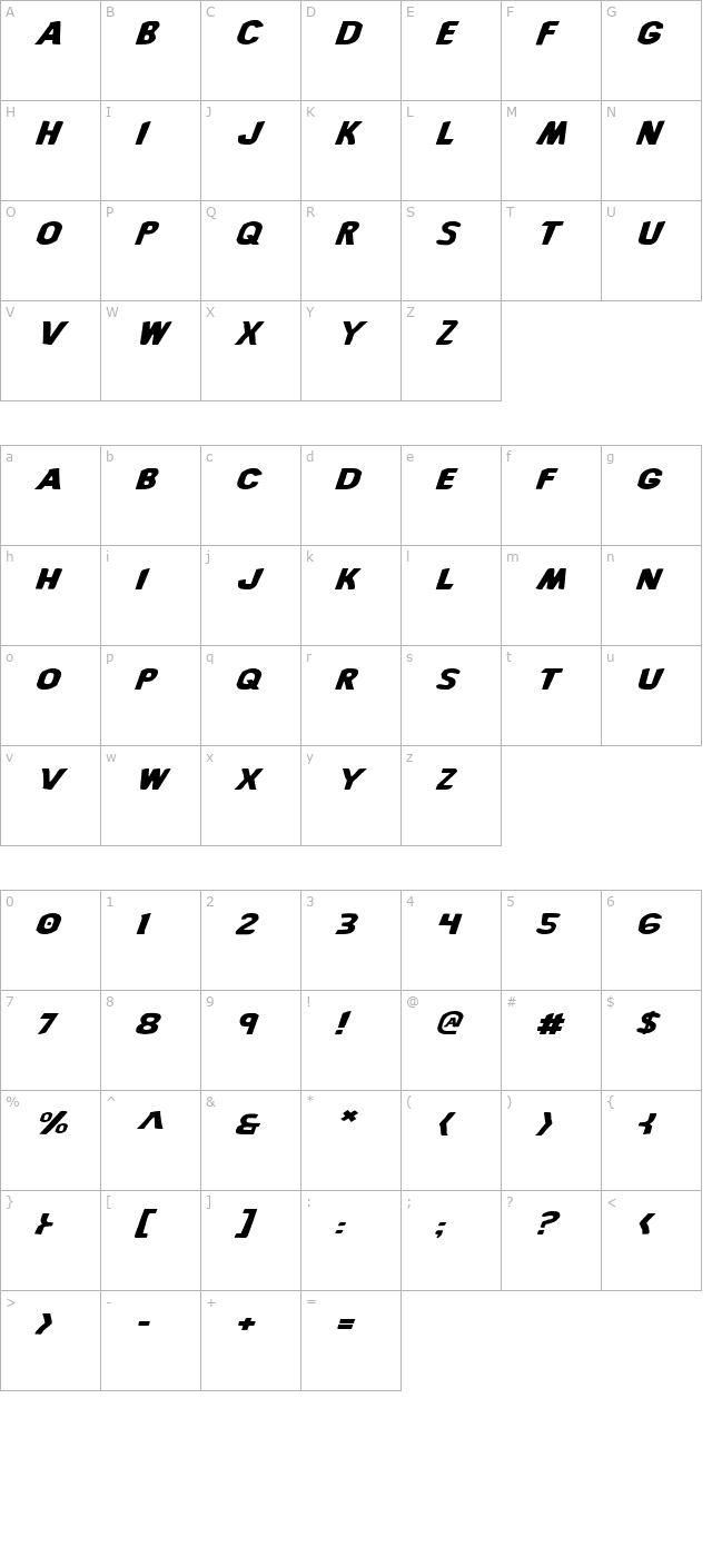 Bronic Expanded Italic character map