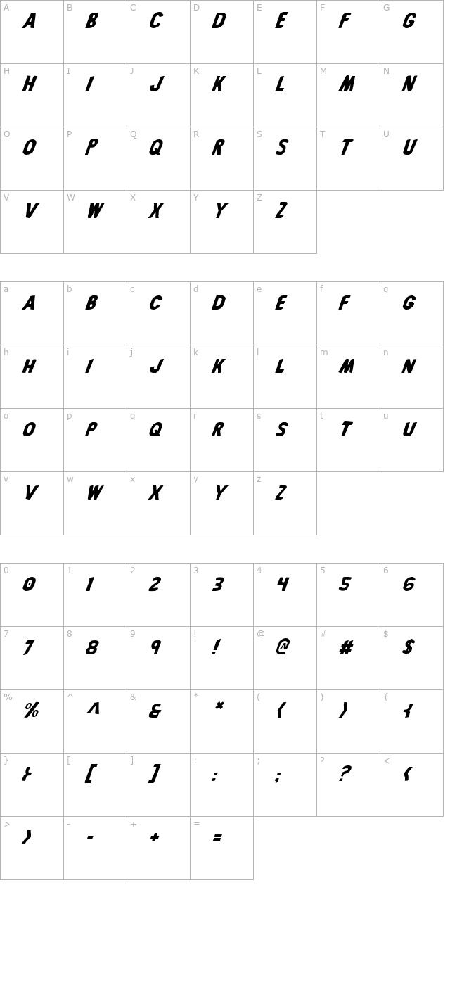 bronic-italic character map