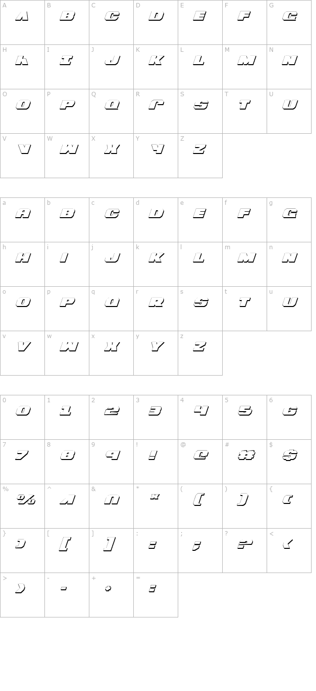 Bummer 3D Italic character map