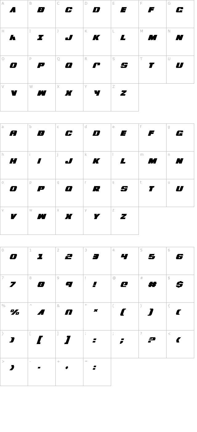 Bummer Condensed Italic character map