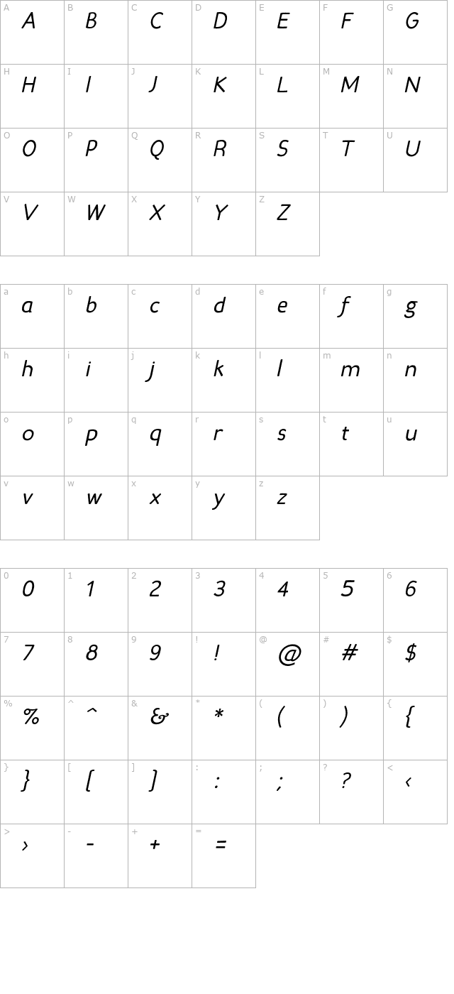 Candela Book Italic character map