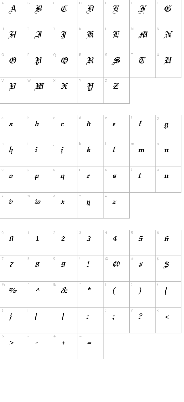 Certificate BoldItalic character map