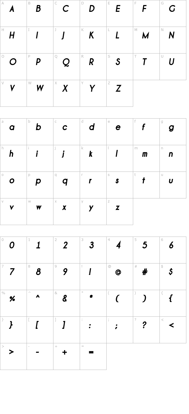 Champagne & Limousines Thick Bold Italic character map