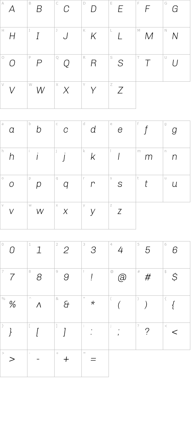 chivo-light-italic character map