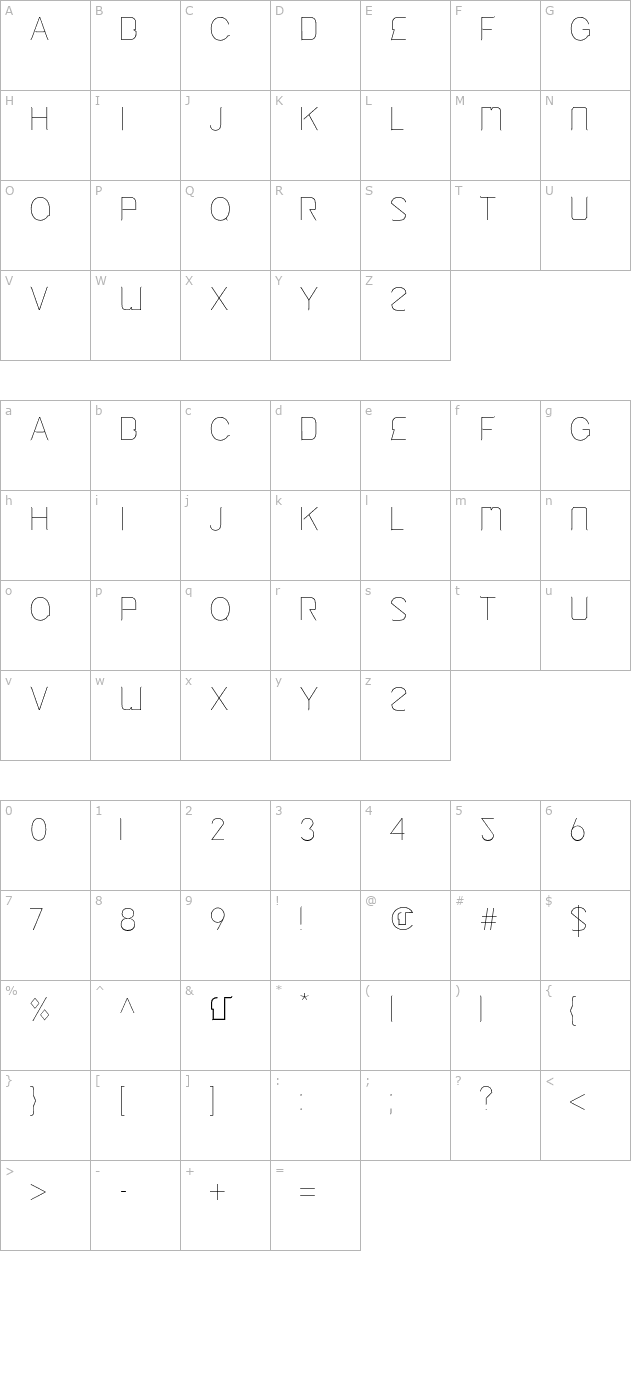 Cinga UltraLight character map