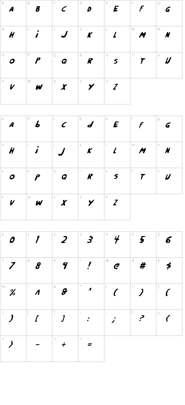 Crappity-Crap-Crap Condensed Italic character map