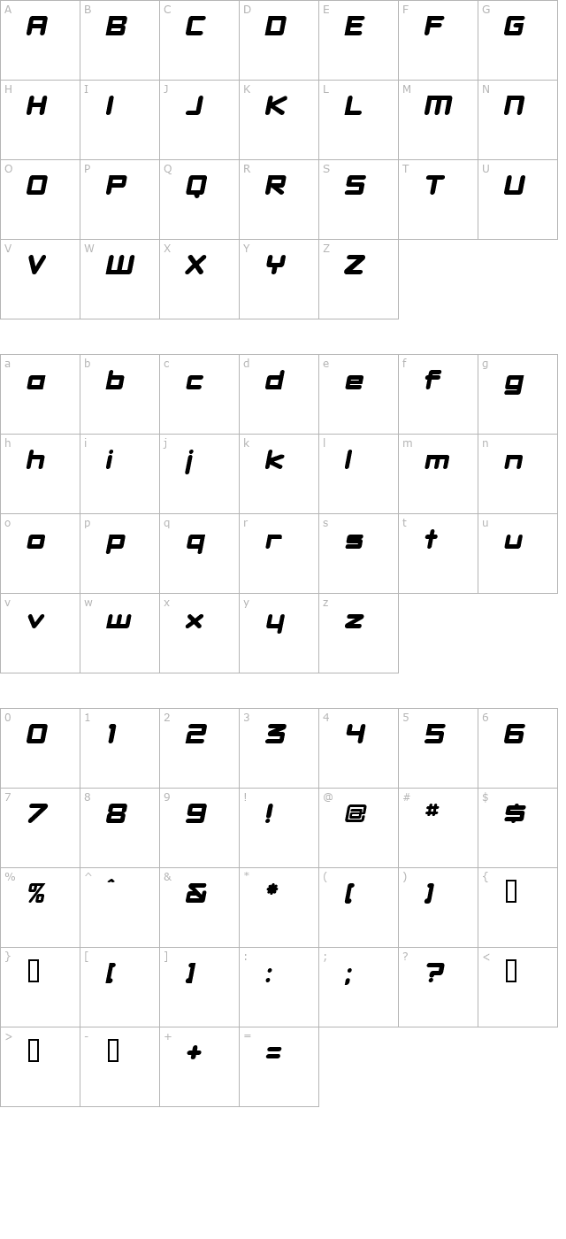 DBXLNightfever ExtraWideItalic character map