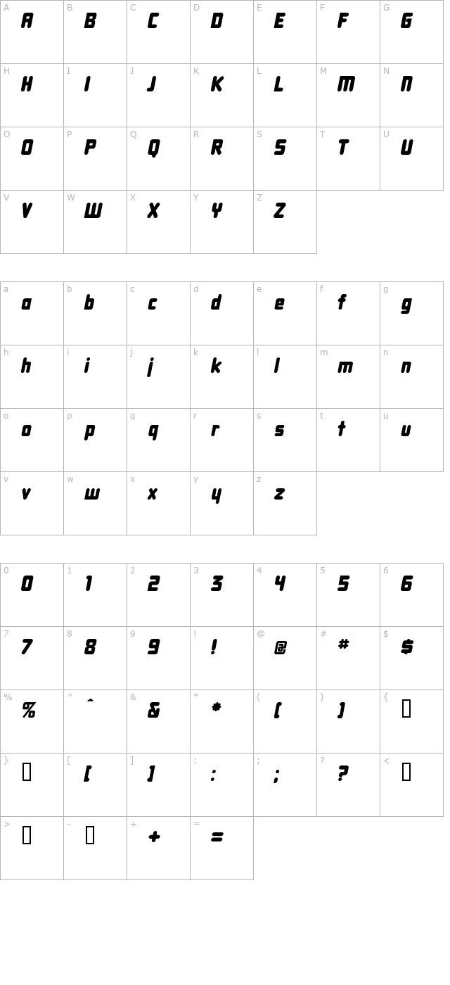 dbxlnightfever-italic character map