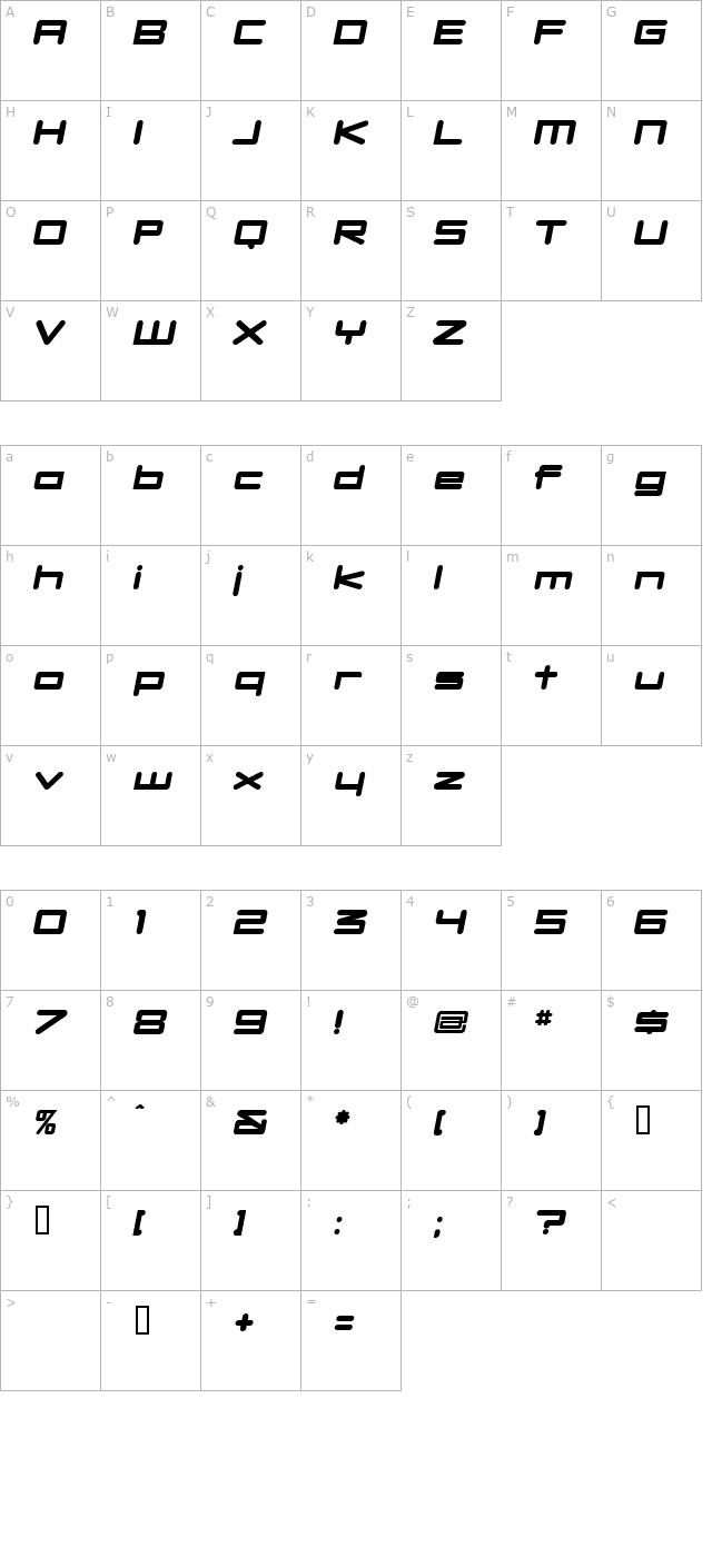 dbxlnightfever-ultrawideitalic character map