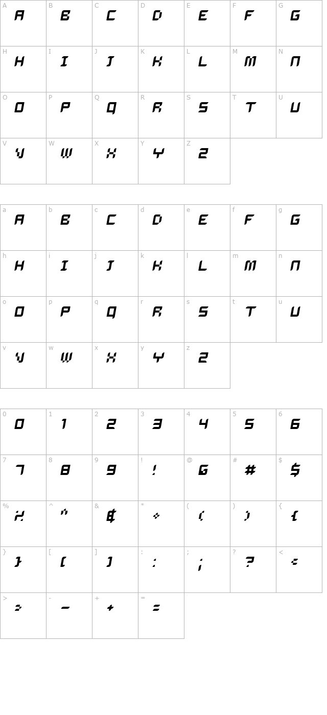 Delilah Oblique character map