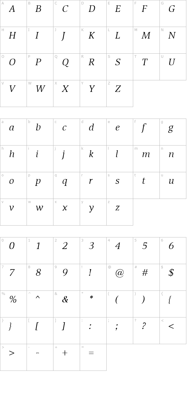 Devin Italic character map