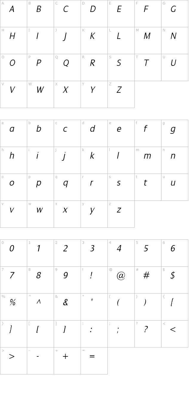 dialog-light-italic character map