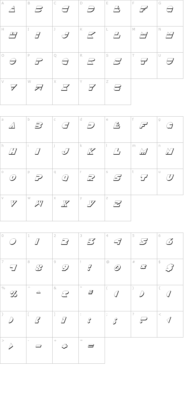 disco-duck-3d-italic character map