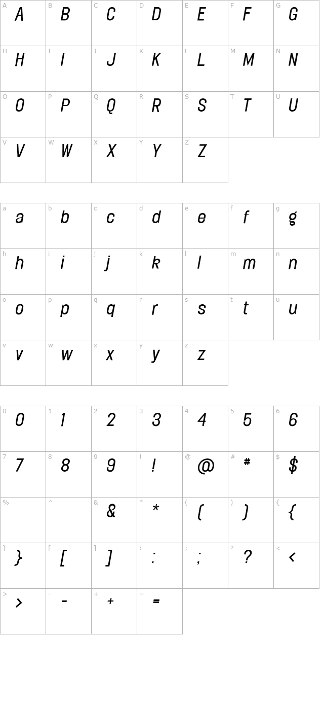 Elephant-LightOblique character map