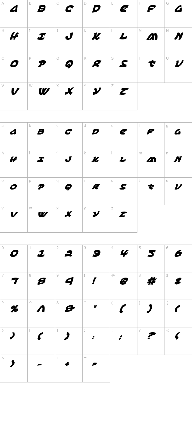 Ephesian Condensed Bold Italic character map