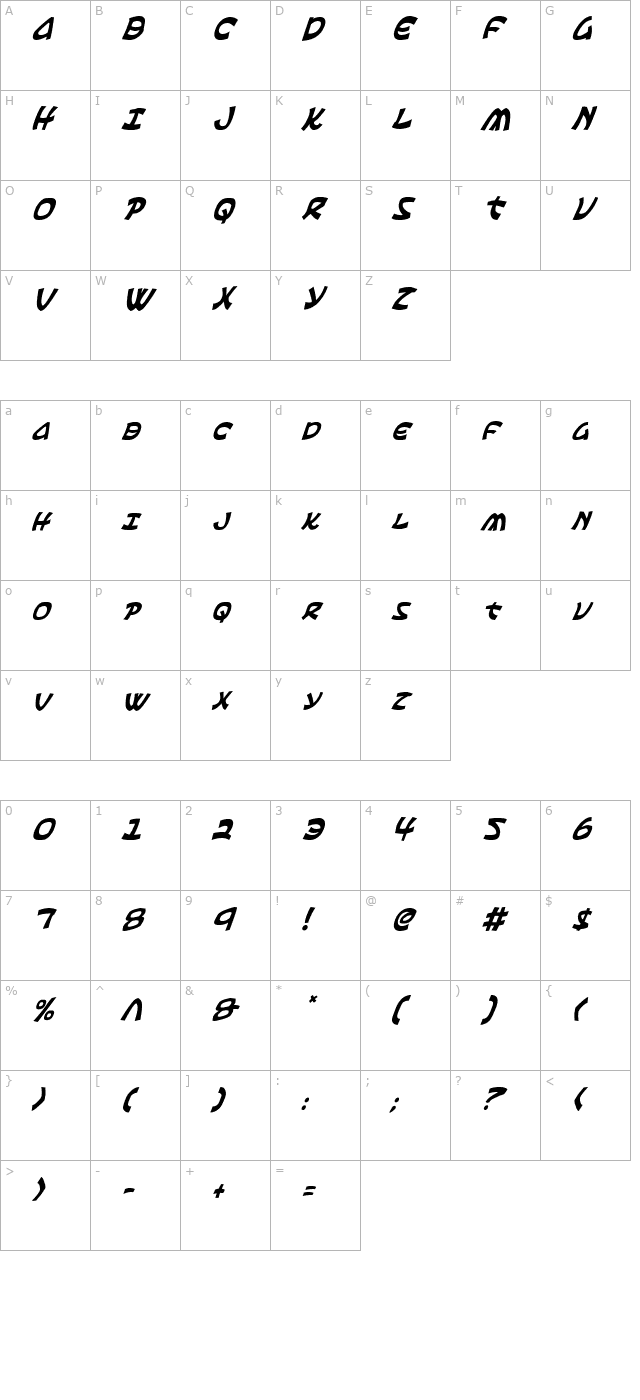 Ephesian Condensed Italic character map