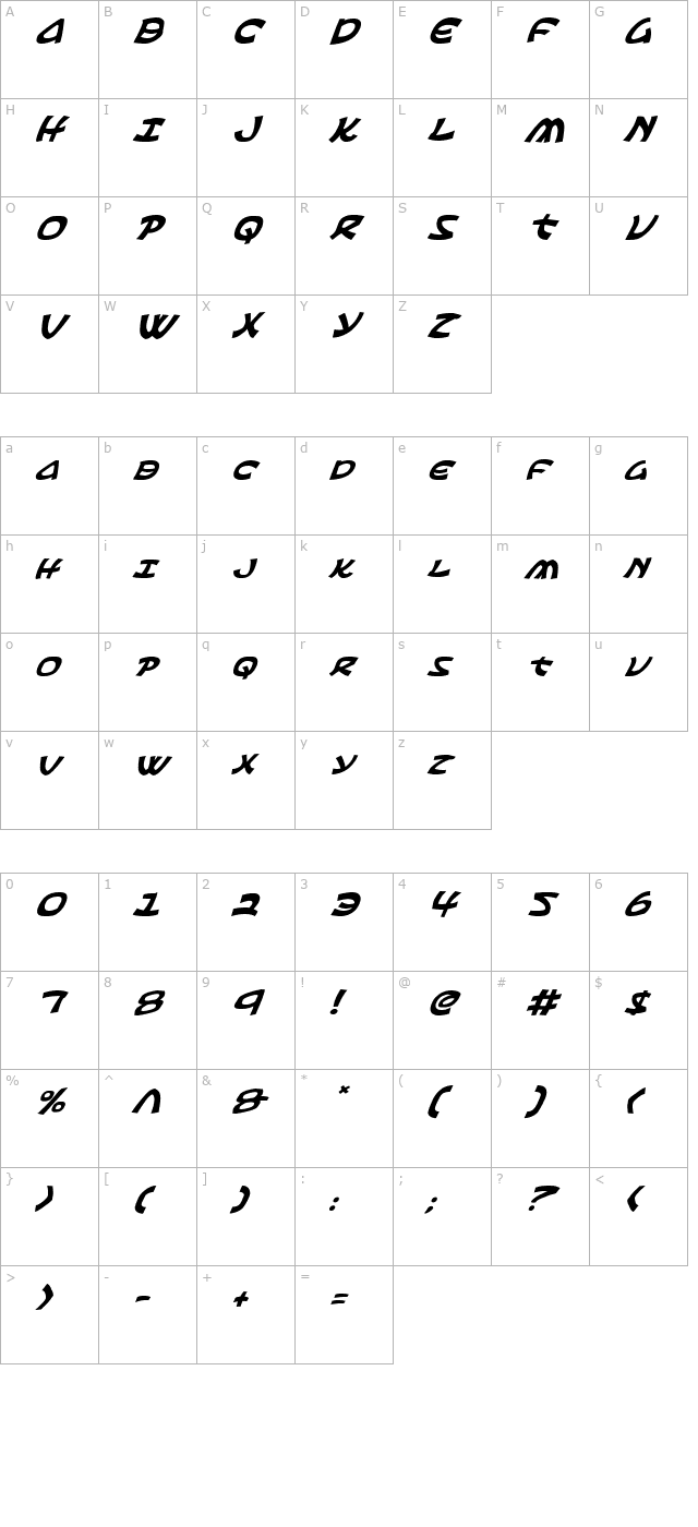 ephesian-italic character map