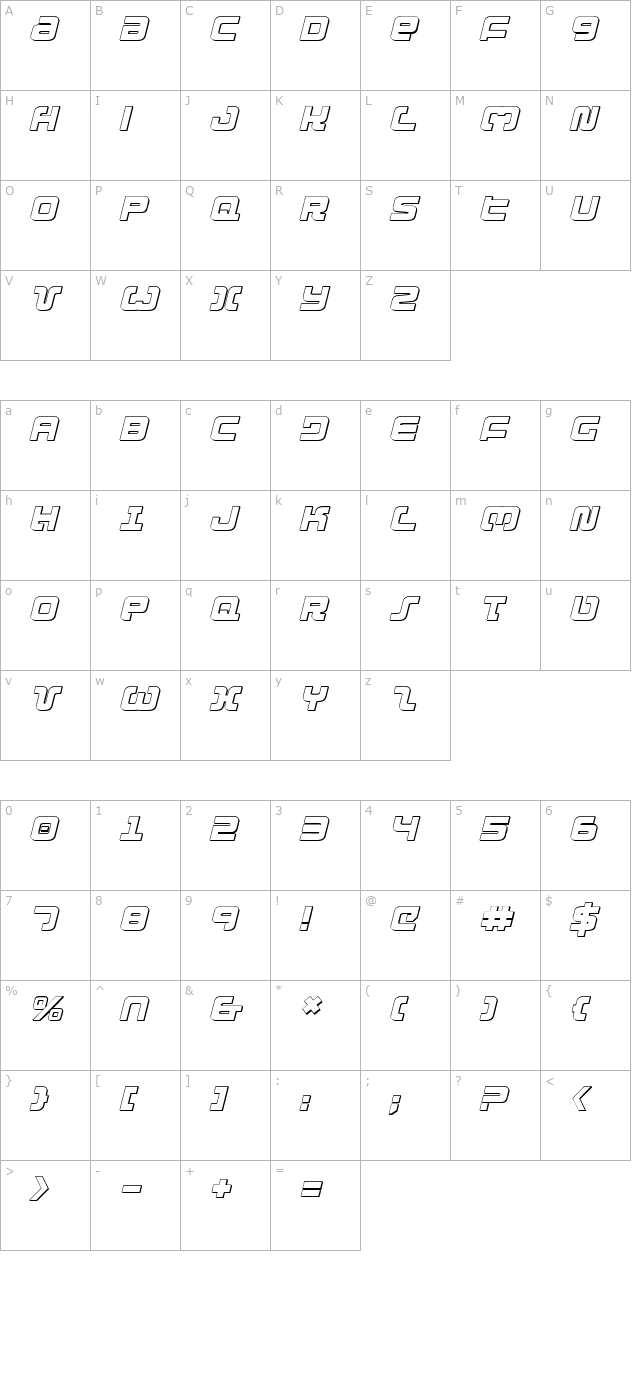 exedore-3d-italic character map