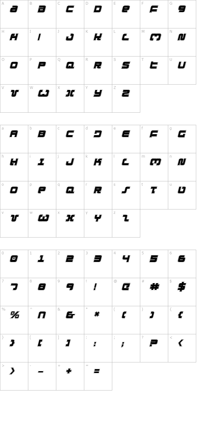 Exedore College Italic character map