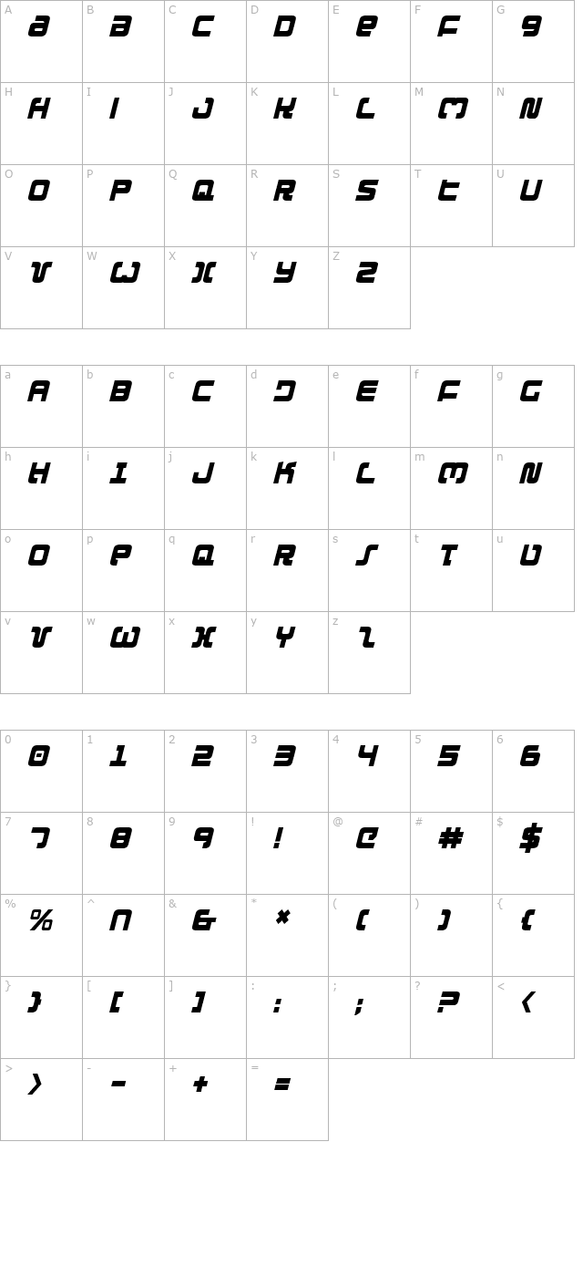 Exedore Condensed Italic character map