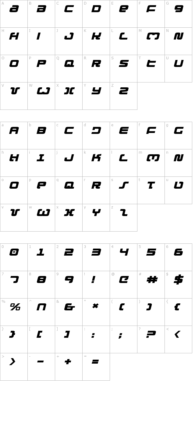 Exedore Expanded Italic character map