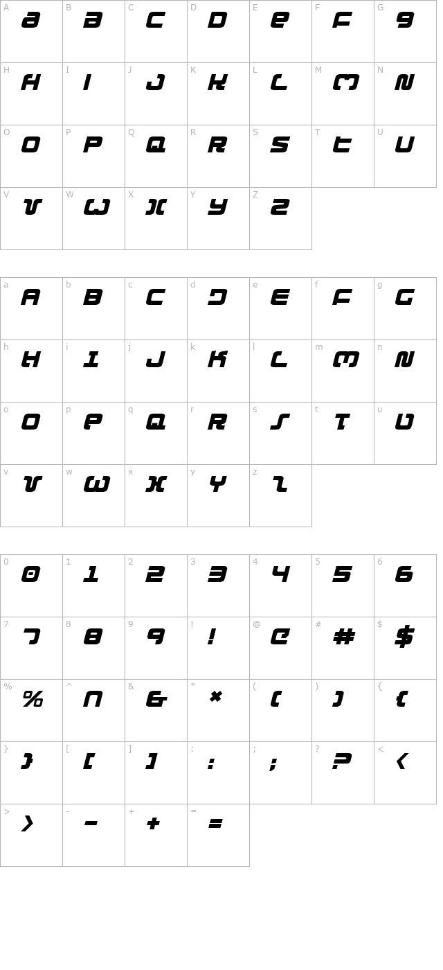 exedore-italic character map